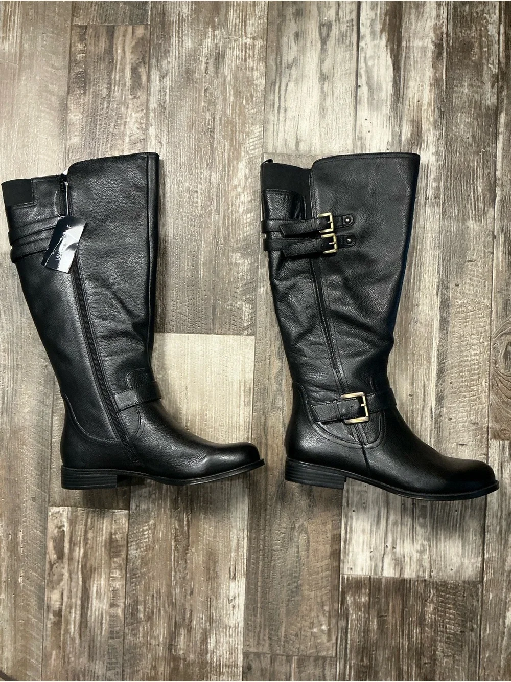 Naturalizer Black Leather Knee High Buckle Boot Size 8.5W Wide Calf